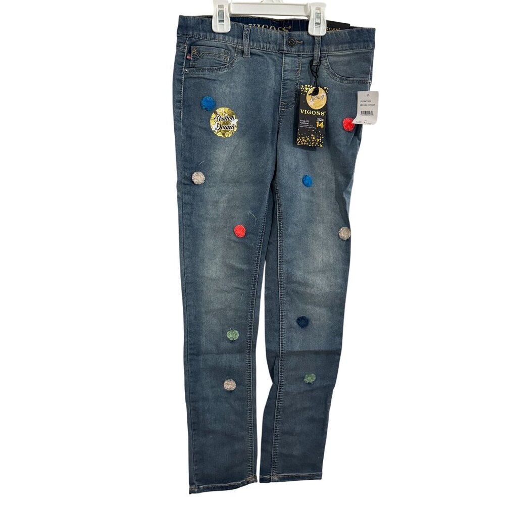 Vigoss Womens Stretch Denim Skinny Jeans With Pom-Pom Details Size 14 Medium Was